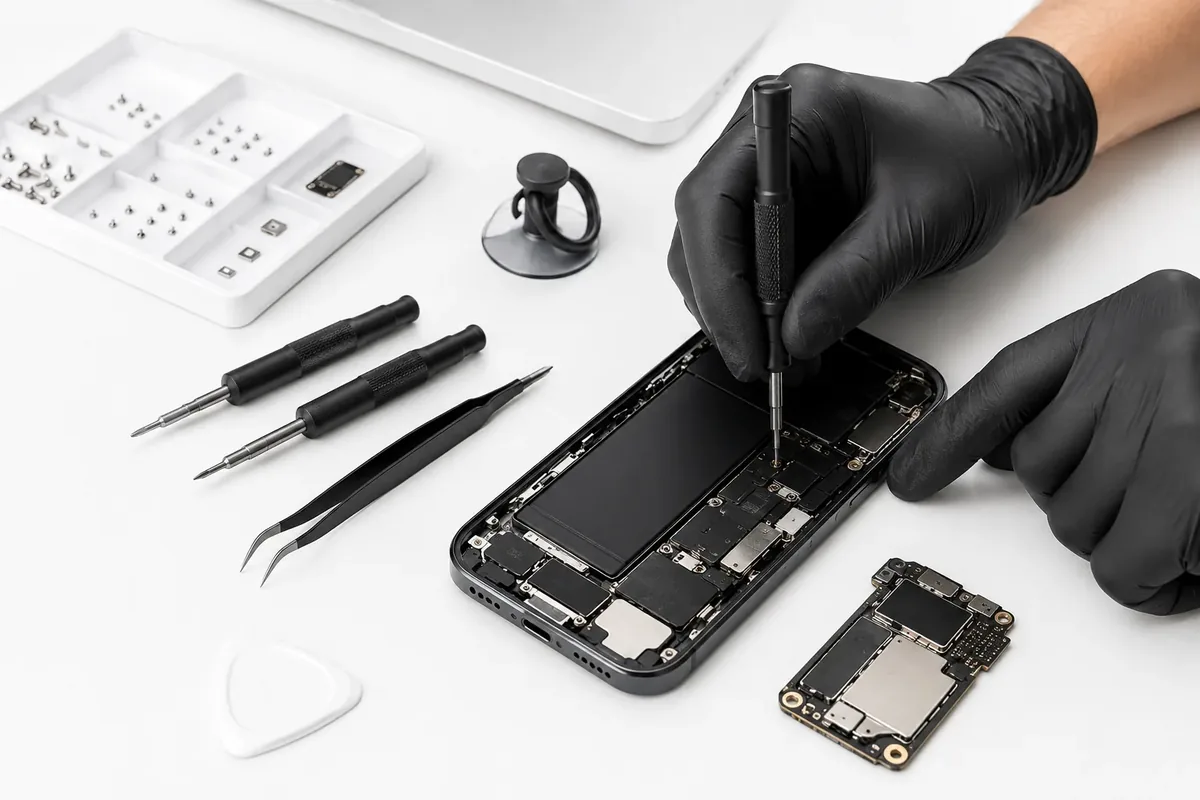 Técnico abrindo um iPhone na bancada, com placa e ferramentas à vista